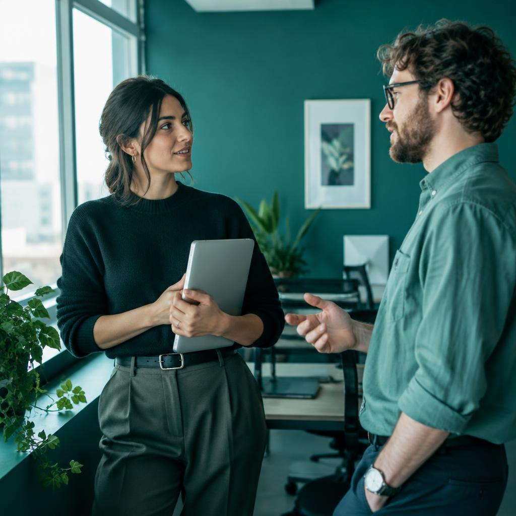 Two colleagues in conversation in a teal office