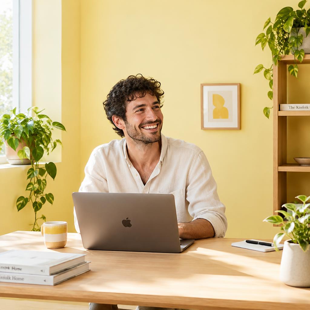 A smiling professional at a desk in a bright yellow workspace